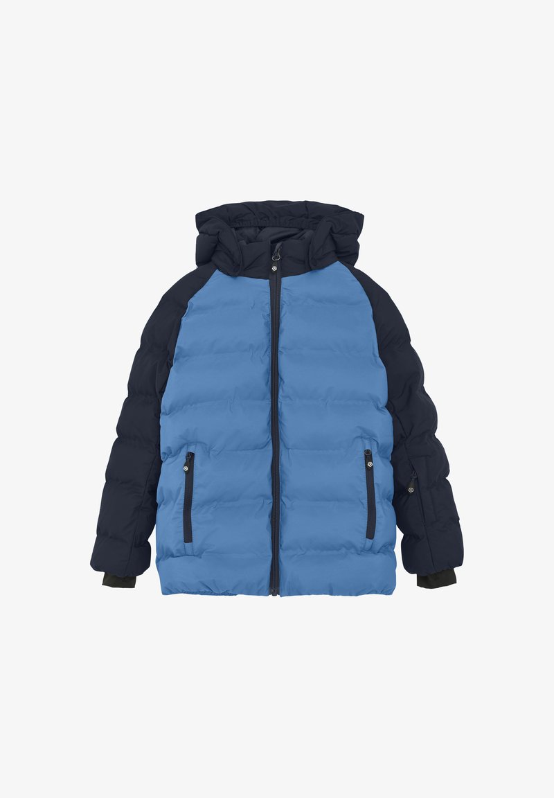 Vaddera jacka med blå framdel och svarta ärmar, med huva, dragkedjestängning och två fickor med dragkedja på sidan.