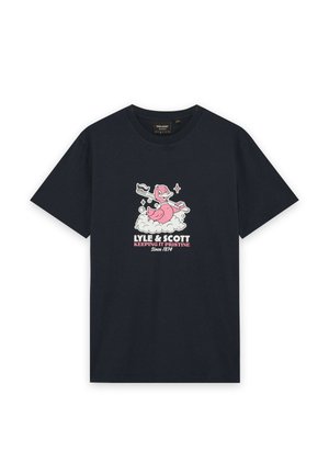 T-shirt noir avec un canard rose tenant une brosse à dents, assis dans des bulles, texte "LYLE & SCOTT Keeping It Pristine Since 1874" en dessous.