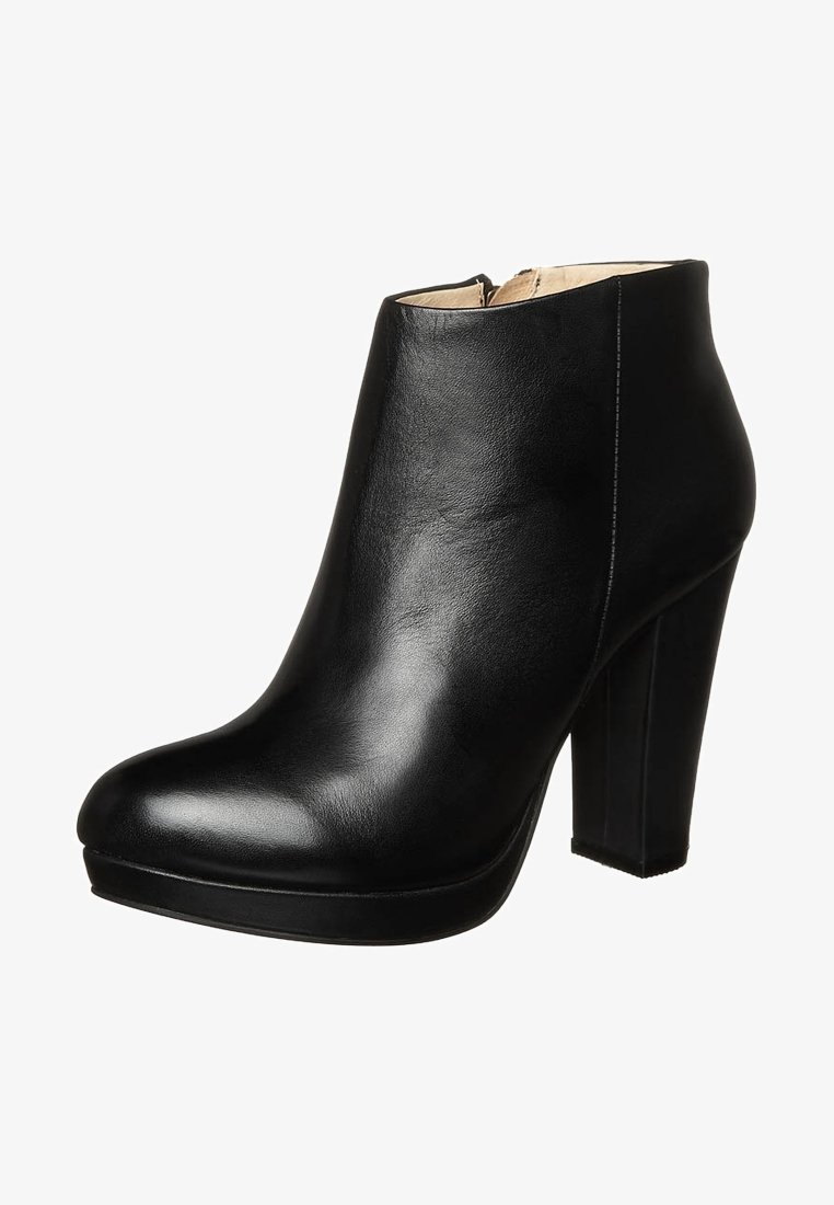 Black leather ankle boots with a rounded toe, zipper closure, and a high block heel. Smooth texture with a slight shine and platform sole.