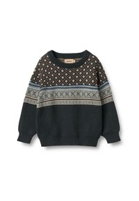 Dunkelgrüner Strickpullover mit gemustertem Brustbereich. Verfügt über einen runden Ausschnitt, lange Ärmel und filigrane Designs in Creme und Blau.