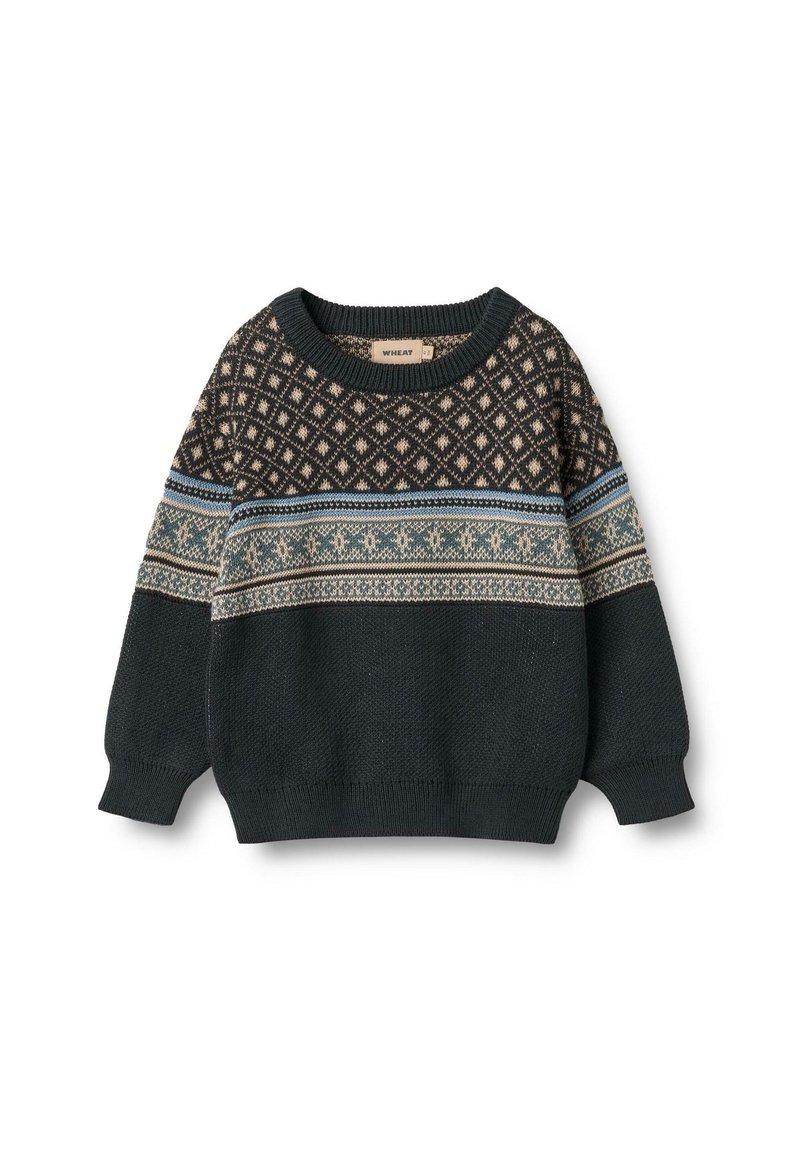 Dunkelgrüner Strickpullover mit gemustertem Brustbereich. Verfügt über einen runden Ausschnitt, lange Ärmel und filigrane Designs in Creme und Blau.