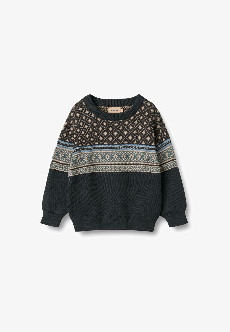 Pull en tricot de couleur vert foncé avec un motif sur la poitrine. Il présente un col rond, des manches longues et des motifs complexes en crème et bleu.