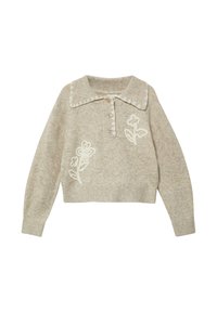 Beige gebreide trui met een grote kraag, een drieknoopssluiting aan de voorkant en bloemembelleringen aan de linkerkant. Zachte textuur, cropped pasvorm.