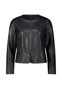 Černá kožená bunda s dlouhými rukávy, zkrácený střih, přední zip a kontrastní švy. Hladká textura s minimálními akcenty.