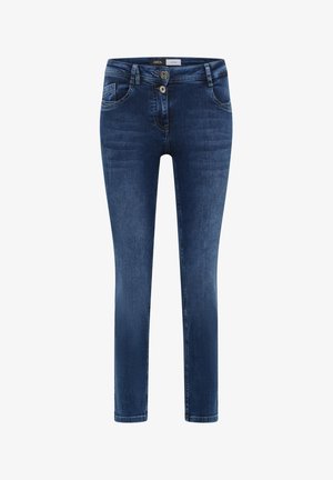 Jeans skinny in denim blu scuro con una finitura leggermente sbiadita, due tasche frontali, due tasche posteriori e una chiusura con due bottoni.