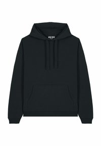 Black hoodie made of cotton, featuring a front pocket, drawstring hood, and ribbed cuffs and hem. Clean, minimalist design.