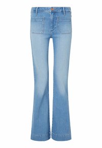 Jeans svasati di un blu chiaro realizzati in denim, con vita alta, cuciture visibili e due tasche posteriori. Vita piatta con un singolo bottone in metallo.