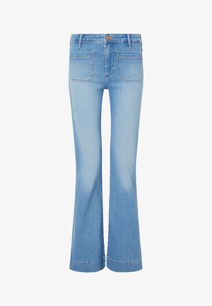 Light blue flared jeans made of denim, featuring a high waist, visible stitching, and two back pockets. Flat waistband with a single metal button.