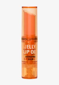 Huile à lèvres orange dans un tube cylindrique translucide. Présente un mécanisme de torsion et un étiquetage clair indiquant "Baume hydratant huile à lèvres en gel."