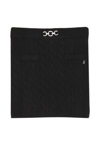 Gonna nera in maglia con motivo a trecce, dotata di due tasche frontali e un accento decorativo in catena argentata in vita.