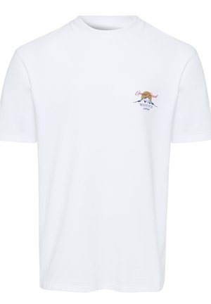 Hvid T-shirt med korte ærmer og lille grafik af Mount Fuji, solen og teksten "Grand Resort Mount Fuji Japan" på brystet.