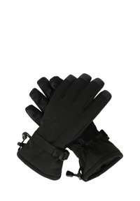Black insulated gloves with a reinforced palm, adjustable wrist straps, and elastic cuffs. Features a smooth texture and subtle logo detail.