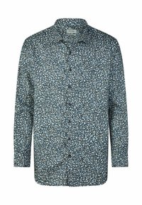Langarmshirt in marineblauwe stof met een bloemenpatroon van kleine witte en gele bloemen. Voorzien van een knoopsluiting en een kraag.