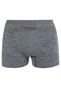 Grijze sportshorts van een textuurstof met een gemêleerd effect. Voorzien van een brede elastische tailleband en een korte binnenbeenlengte. Eenvoudig ontwerp zonder patronen.