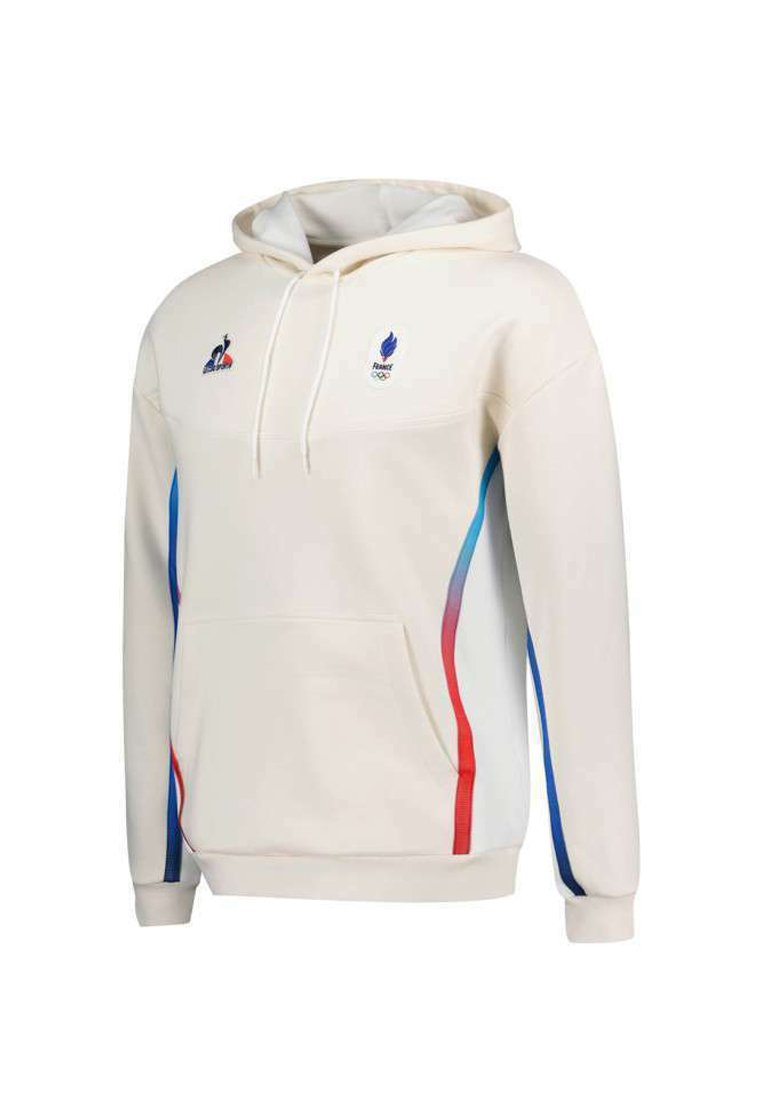 Sudadera crema con un bolsillo frontal, con acentos laterales en azul y rojo, y logotipos de Francia y los Juegos Olímpicos en el pecho.
