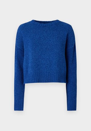 Blue cropped sweater with long sleeves, round neckline, and ribbed hem. Made of a soft, textured fabric with a subtle sparkle.