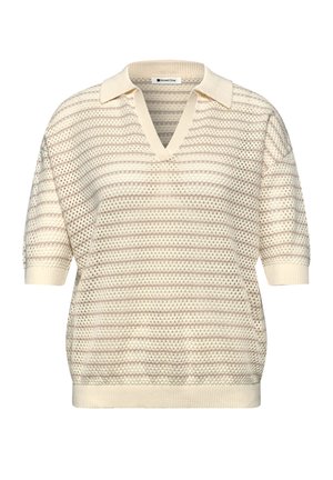 Pull en maille crème à manches courtes avec un motif rayé ajouré et un col en V.