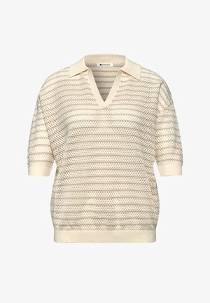 Kurzärmeliger, cremefarbener Strickpullover mit offenem, gestreiftem Muster und V-Ausschnitt.