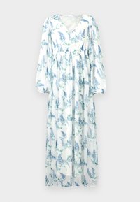 Robe longue blanche à manches longues avec motif floral bleu et vert, encolure en V, taille élastique et jupe froncée.