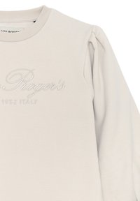 Felpa grigia chiara con scollo rotondo, tessuto testurizzato, maniche leggermente a sbuffo e dettaglio logo ricamato che presenta "Roger's" e "1952 ITALIA."