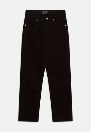 Schwarze Baumwolljeans mit geradem Beinansatz, ausgestattet mit einem Knopfverschluss, zwei Vorderaschen und dezenten Stickdetails.