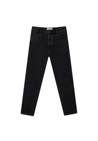 Jeans in denim nero con un design a gamba dritta, caratterizzati da uno stile classico a cinque tasche e dettagli di cucitura sottili.