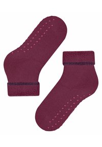 Bordowe skarpetki do kostek z teksturowanymi kropkami antypoślizgowymi na podeszwie oraz kontrastującym ciemnym pasem przy mankiecie. Wykonane z miękkiego, elastycznego materiału.