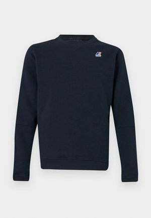 Temno modra majica s kapuco z dolgimi rokavi in majhnim večbarvnim logotipom K-Way na zgornjem levem delu prsnega koša.