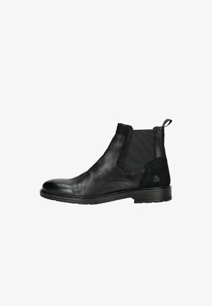 Stivali Chelsea in pelle nera con finitura liscia, pannelli laterali elastici, punta rotonda e tacco basso impilato. Linguetta sul retro.