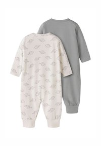 Två babyleggings med lång ärm: en i ljus kräm med grå elefanttryck och en i enfärgad grå. Båda har elastiska ärmslut och mjukt tyg.