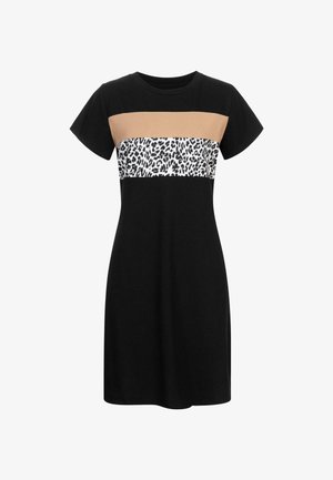 Čierne šaty s krátkymi rukávmi, ktoré majú béžový horizontálny pruh a biely panel s čiernymi leopardími škvrnami. Mäkko elastický materiál.