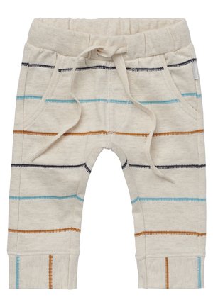 Pantaloni beige chiaro con strisce orizzontali multicolori in blu, marrone e navy. Presentano una cintura elastica e tasche laterali.