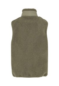 Olive green fleece vest with a high collar and textured, soft fabric. Back design is plain with a relaxed fit, suitable for layering.