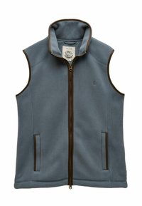Gilet senza maniche in pile blu con rifiniture marroni, zip frontale, due tasche laterali e collo alto.
