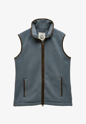 Gilet senza maniche in pile blu con rifiniture marroni, zip frontale, due tasche laterali e collo alto.