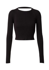 Zwart geribbeld gebreid crop top met lange mouwen en een brede, ronde halslijn. Bevat een textuurstof en een aansluitende silhouet.
