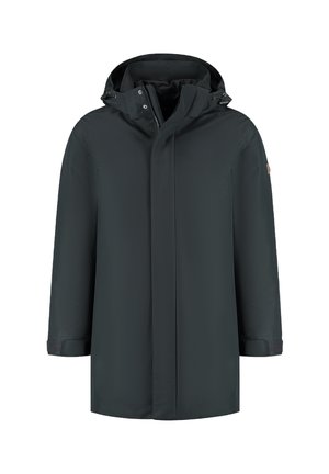 Donkergrijze waterdichte parka met een capuchon, een voorzijde met ritssluiting verborgen onder een klep, en verstelbare manchetten met klittenband.