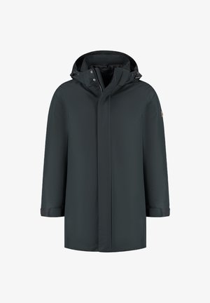 Donkergrijze waterdichte parka met een capuchon, een voorzijde met ritssluiting verborgen onder een klep, en verstelbare manchetten met klittenband.