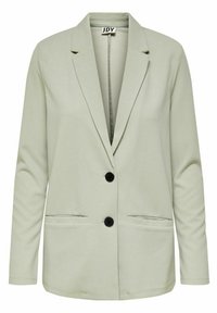 Lichtgroene blazer met een geknipt revers, twee voorzakken en twee zwarte knopen. Zachte, gladde stof met een ontspannen pasvorm.