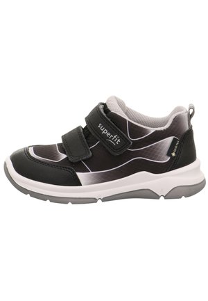 Black and gray children's sneaker with white accents, two Velcro straps, breathable lining, and Gore-Tex water-resistant label on the side.