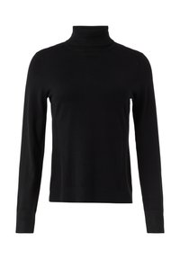 Pull à col roulé noir en maille lisse, doté de manches longues et d'une silhouette ajustée avec des accents côtelés au niveau du col et de l'ourlet.
