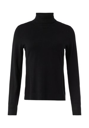 Schwarzer Rollkragenpullover aus glattem Strickmaterial, mit langen Ärmeln und einer figurschmeichelnden Silhouette sowie gerippten Akzenten am Kragen und Saum.