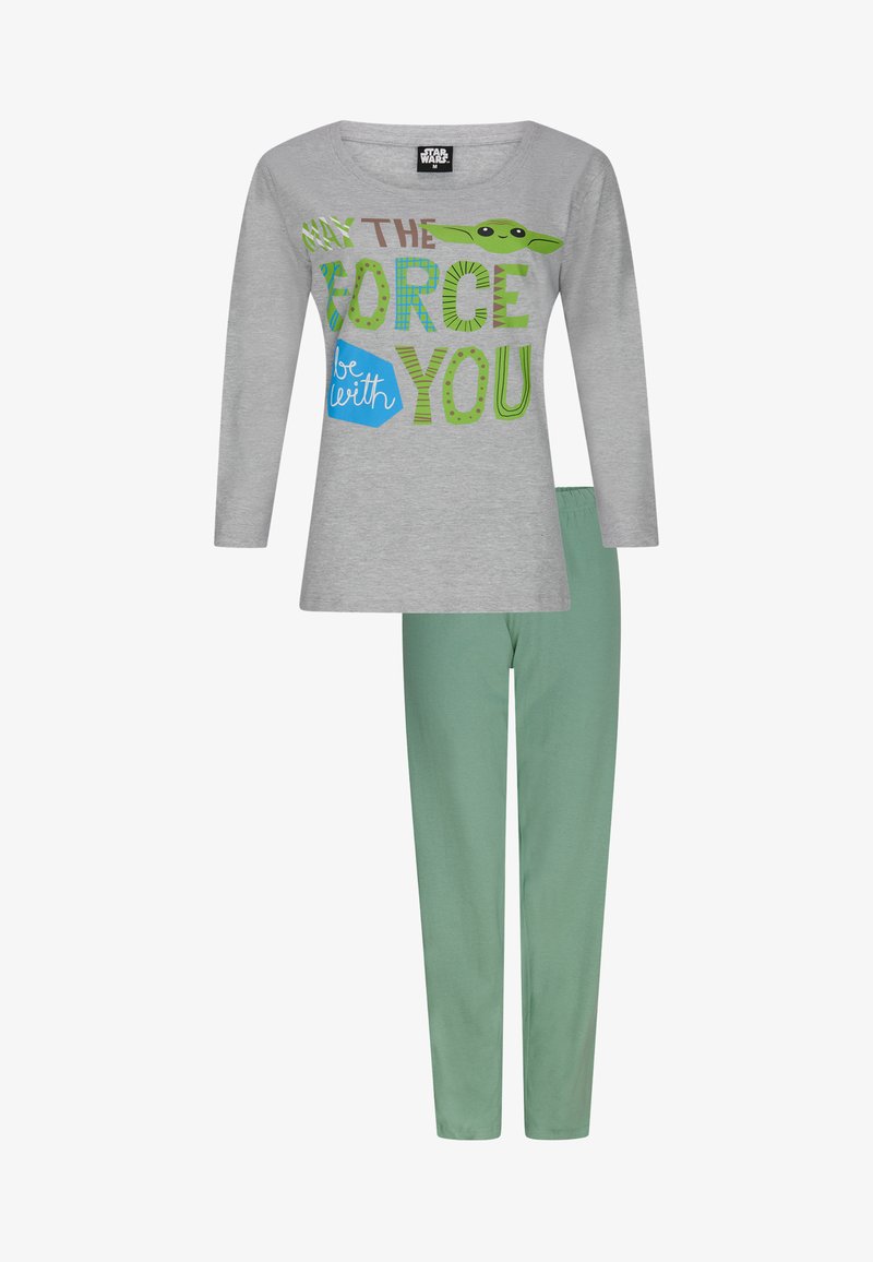 Camiseta gris de manga larga con el texto y gráfico "Que la Fuerza te acompañe", combinada con pantalones de pijama verdes lisos, fabricados en suave algodón.