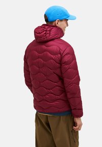 Mies, der eine kastanienbraune gesteppte Jacke mit Kapuze, eine blaue Fleece-Mütze und braune Hosen trägt, von hinten vor einem schlichten Hintergrund gezeigt.
