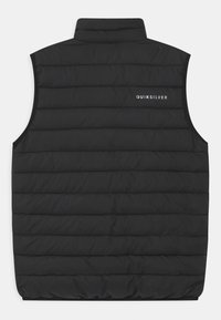 Gilet imbottito nero con trapuntatura orizzontale, colletto alto e logo sul retro. Realizzato in un materiale leggero e liscio.