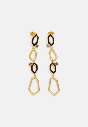 Boucles d'oreilles goutte en or avec formes géométriques liées, accents en émail noir et petites pierres précieuses bleues et roses sur fond blanc.