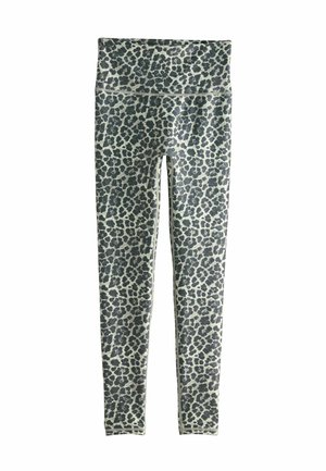 High-waisted full-length leggings with black and gray leopard print pattern, flat seams, and stretchy fabric.