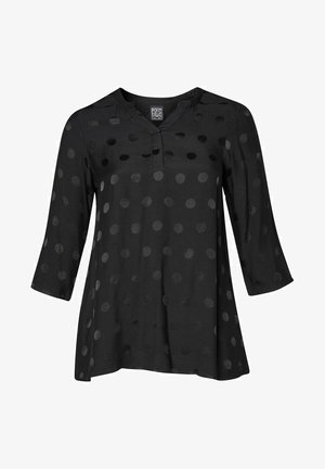 Black blouse with three-quarter sleeves, featuring a subtle polka dot pattern and a shallow V-neckline. Made from a smooth, lightweight fabric.
