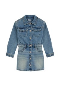 Denima kleita ar garām piedurknēm, pogām aizdaram, divām krūšu kabatām, elastīgu jostasvietu un gradienta zilu krāsu no tumšas līdz gaišai.