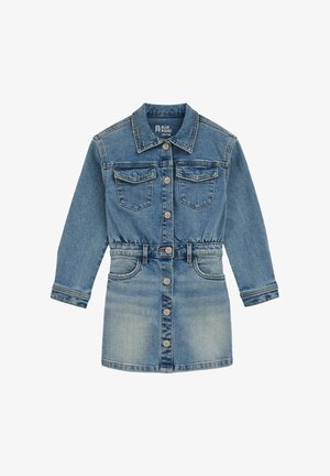 Traper haljina s dugim rukavima, kopčanjem sprijeda, dva džepa na prsima, elastičnom strukom i gradijentnom plavom bojom koja prelazi od tamne do svijetle.